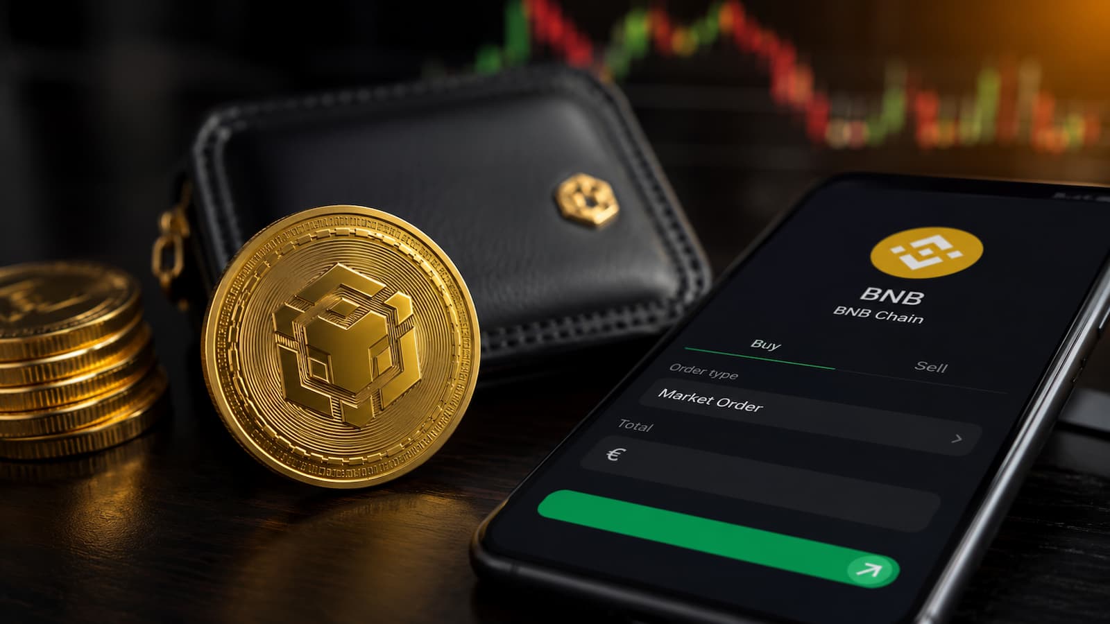 BNB activo nativo de BNB Chain junto a una wallet y una orden en euros.