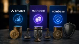 Bitvavo Kraken y Coinbase comparadas por sus opciones de earn costes y riesgos.