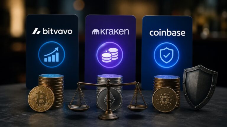 Bitvavo Kraken y Coinbase comparadas por sus opciones de earn costes y riesgos.