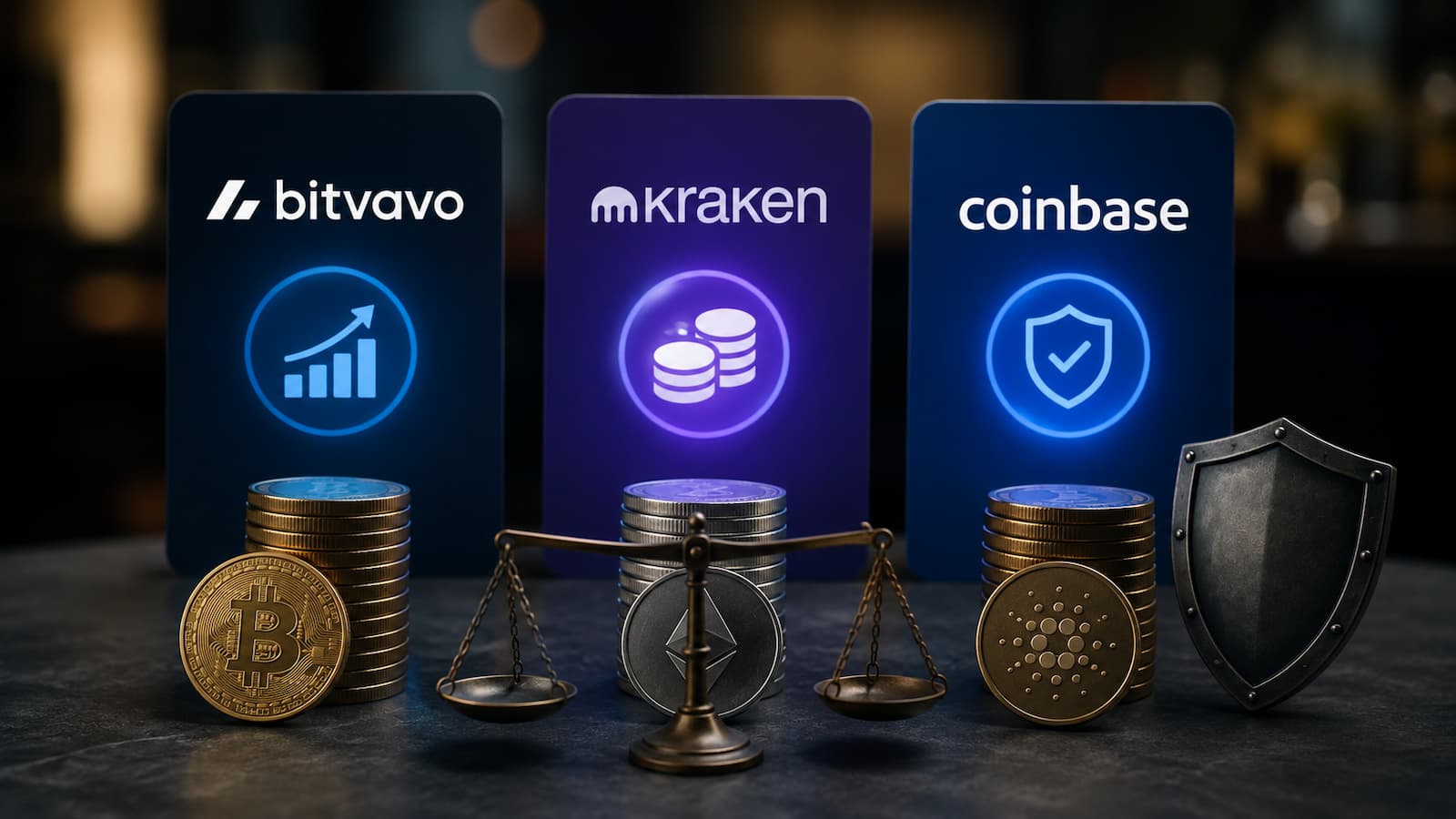 Bitvavo Kraken y Coinbase comparadas por sus opciones de earn costes y riesgos.