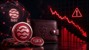 Ilustración de la red Sei y el token SEI junto a una wallet y un gráfico de riesgos.