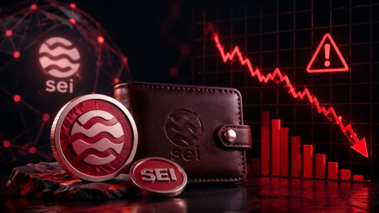 Ilustración de la red Sei y el token SEI junto a una wallet y un gráfico de riesgos.