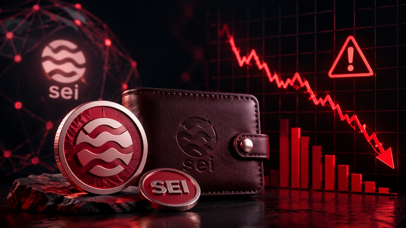 Ilustración de la red Sei y el token SEI junto a una wallet y un gráfico de riesgos.