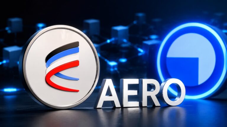 Logotipo de Aerodrome Finance junto al ticker AERO y una referencia visual a la red Base.