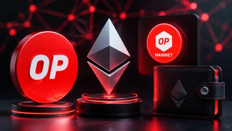 Logotipo de Optimism junto a una representación de Ethereum OP Mainnet y una wallet.