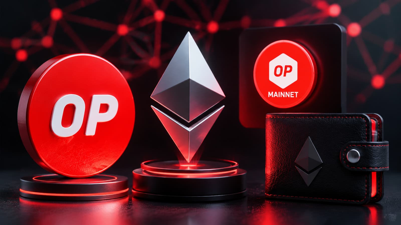 Logotipo de Optimism junto a una representación de Ethereum OP Mainnet y una wallet.