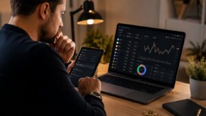 Persona revisando una cartera de criptomonedas y sus medidas de gestión del riesgo.