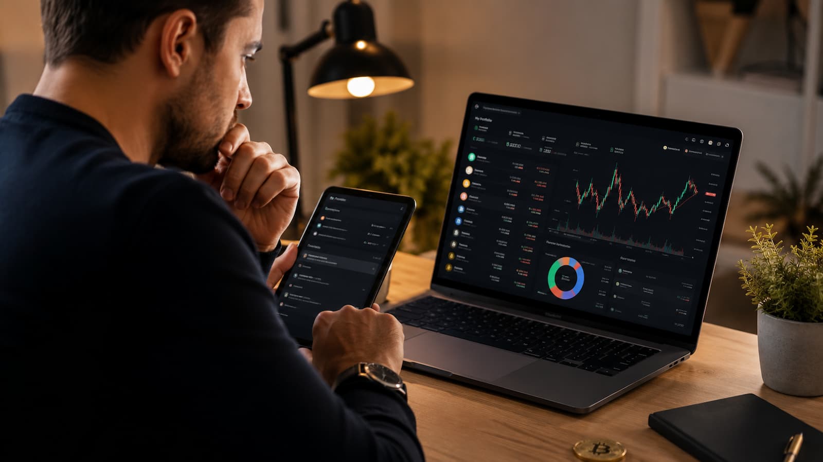 Persona revisando una cartera de criptomonedas y sus medidas de gestión del riesgo.