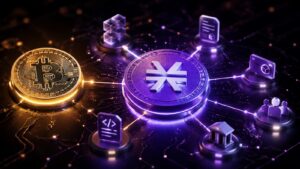 Representación de Stacks (STX) conectada con Bitcoin y aplicaciones blockchain.