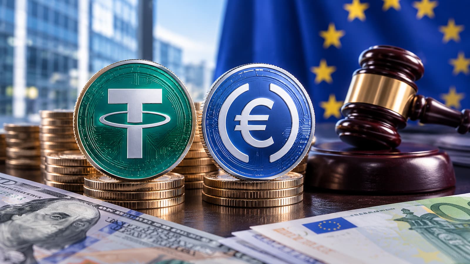 Stablecoins vinculadas al dólar y al euro en un mercado cada vez más regulado.