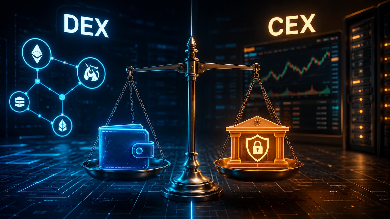 Un DEX y un CEX reparten de forma distinta la custodia la ejecución y los riesgos.