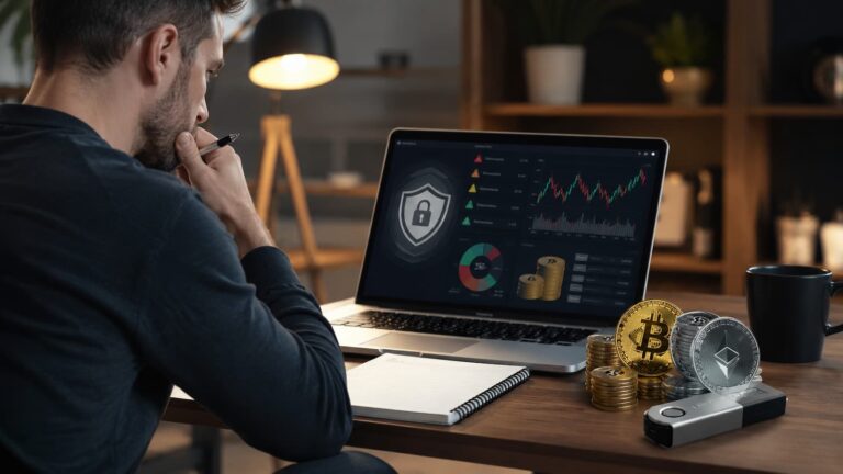 Un inversor revisa riesgos seguridad y costes antes de comprar criptomonedas.