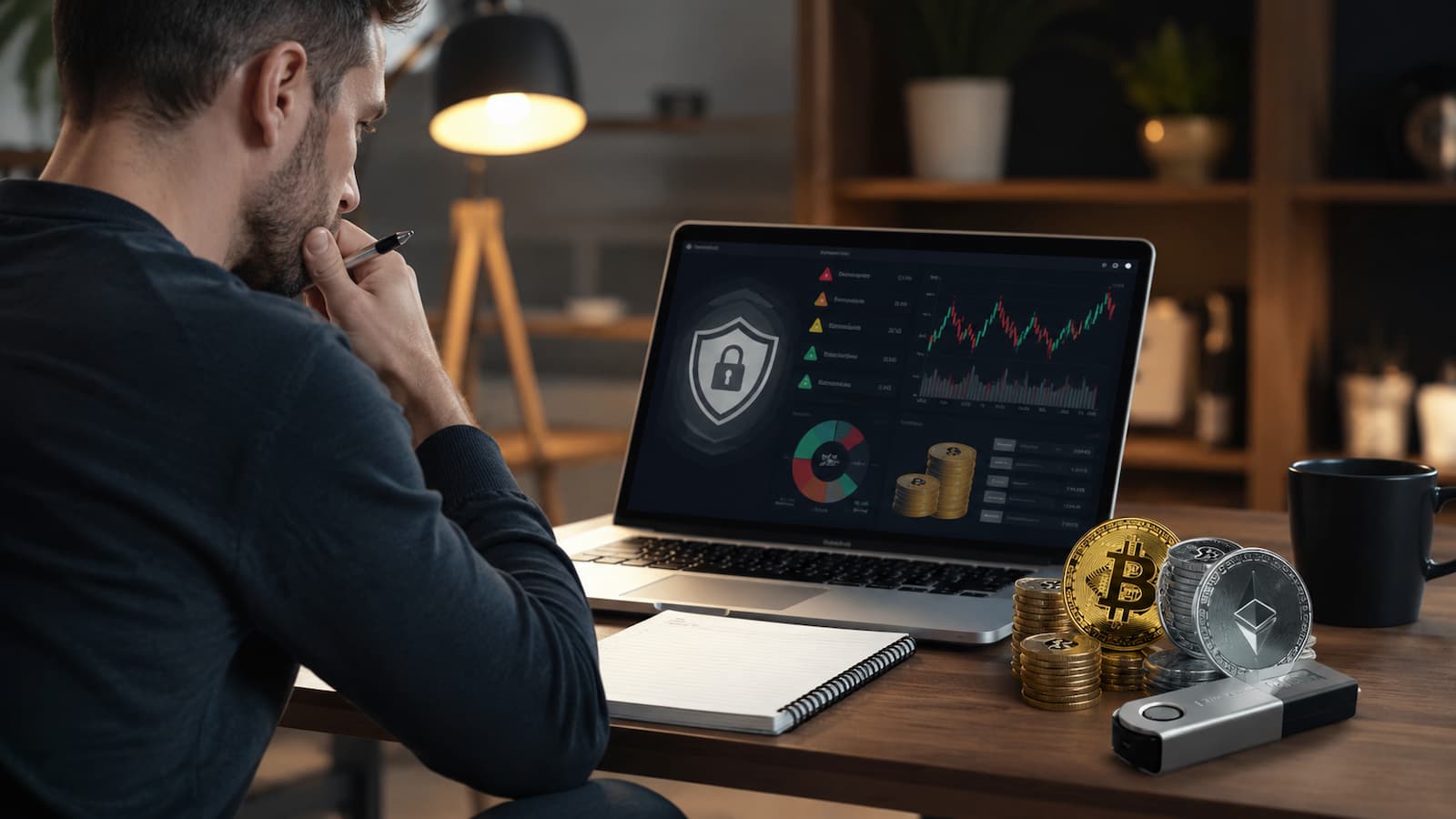 Un inversor revisa riesgos seguridad y costes antes de comprar criptomonedas.
