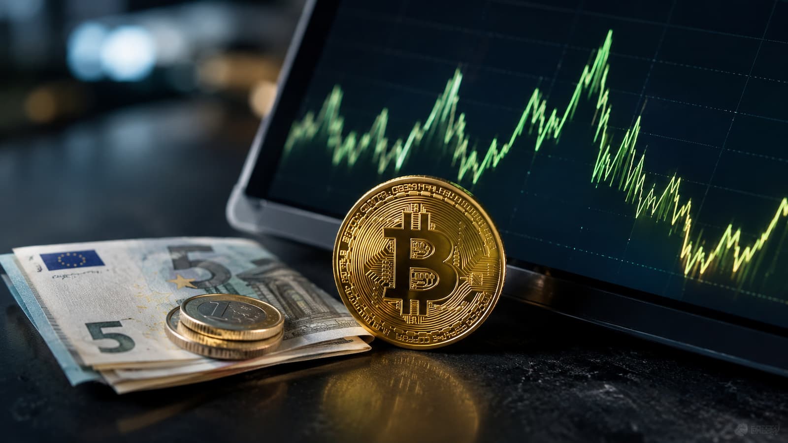 Una cantidad pequeña en euros junto a Bitcoin y un gráfico de volatilidad.