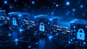 Una red blockchain registra y valida datos compartidos mediante criptografía y consenso.