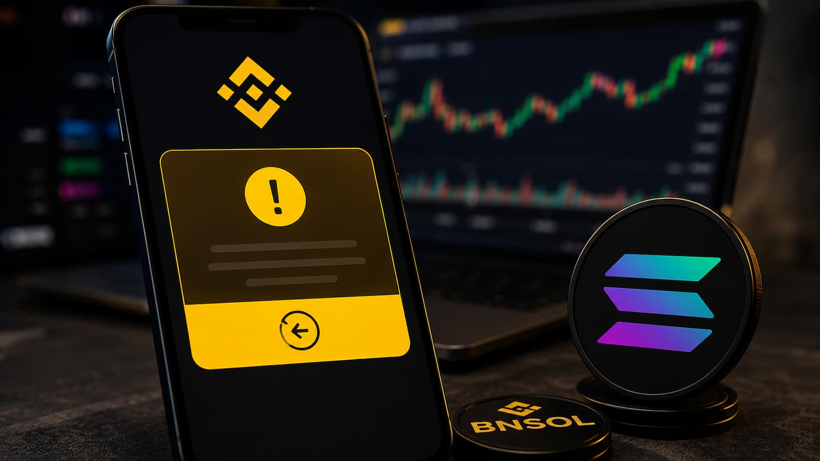 BNSOL y Solana junto a un aviso de Binance sobre el reembolso del SOL a la wallet Spot