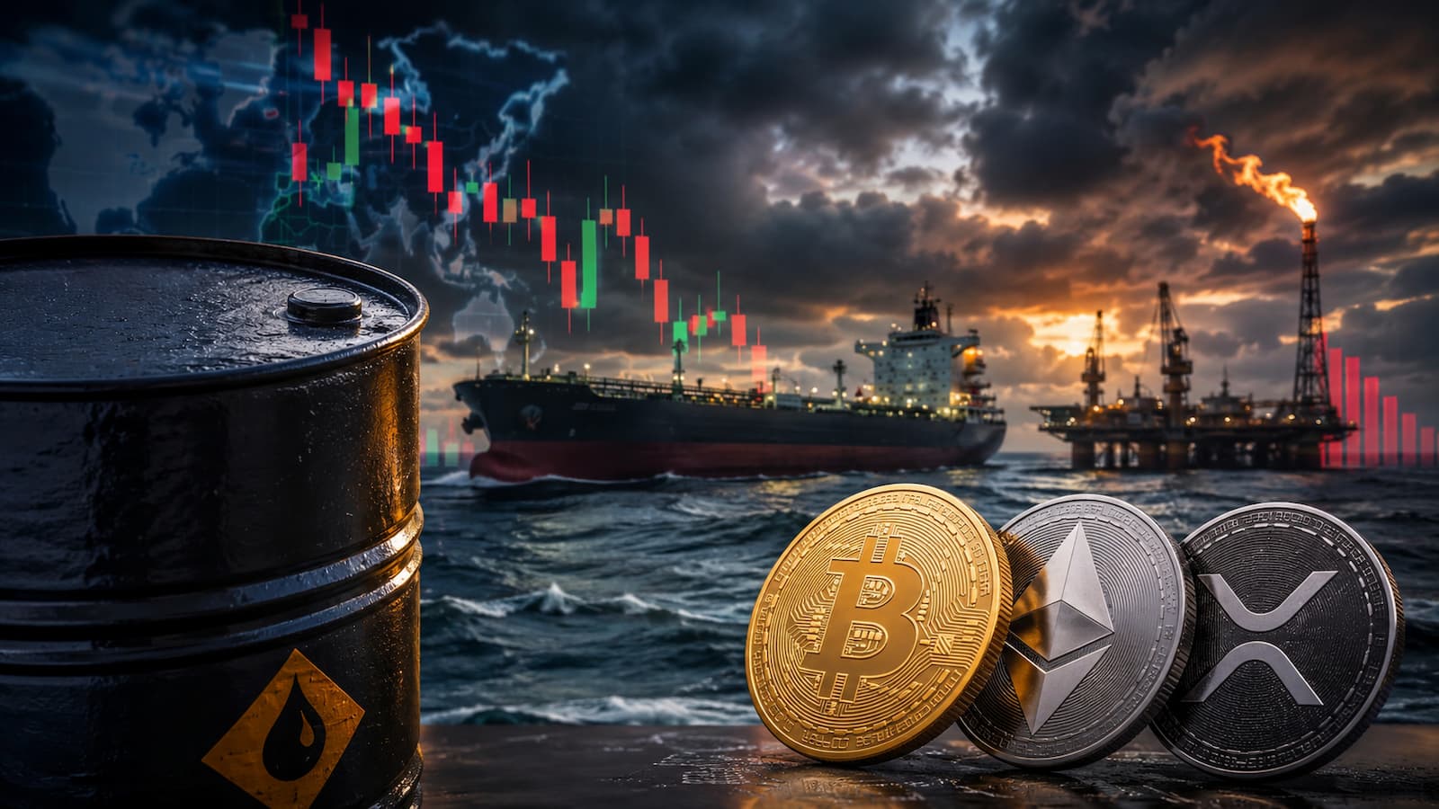Bitcoin Ethereum y XRP afrontan volatilidad mientras sube el petróleo por la tensión en Ormuz.