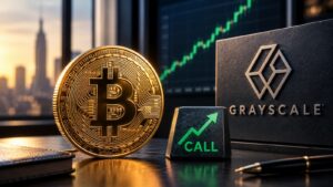 Bitcoin junto a una opción call y el escenario hipotético de rentabilidad de Grayscale.