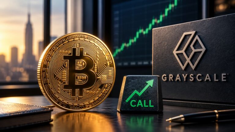 Bitcoin junto a una opción call y el escenario hipotético de rentabilidad de Grayscale.