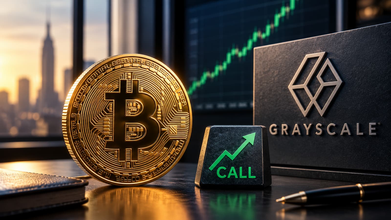 Bitcoin junto a una opción call y el escenario hipotético de rentabilidad de Grayscale.