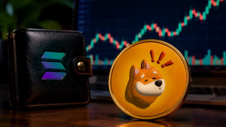Bonk (BONK) token SPL de Solana junto a una wallet y un gráfico de mercado.
