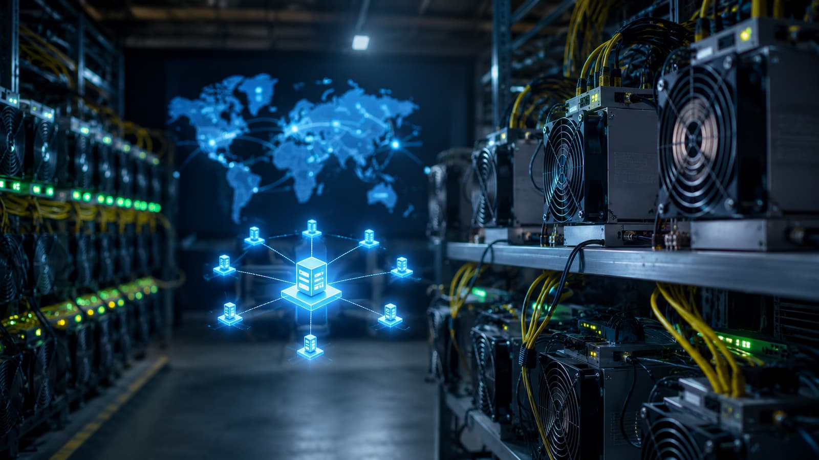 Equipos de minería conectados a un pool ante el cierre regional de Binance Pool en la UE.
