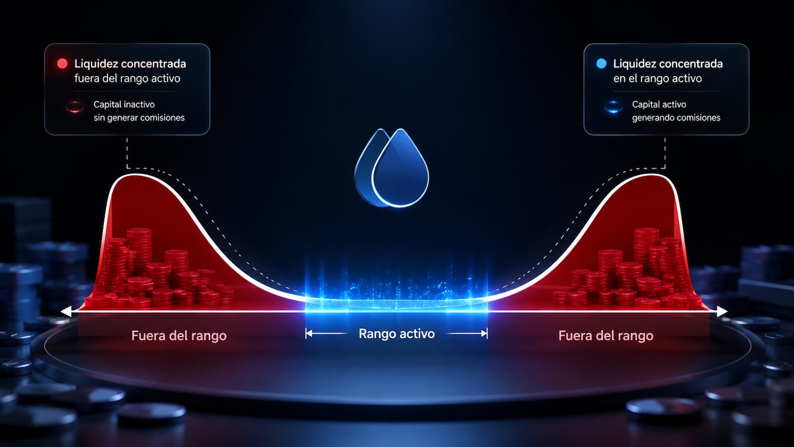 Gráfico conceptual de liquidez concentrada en DeFi fuera del rango activo.