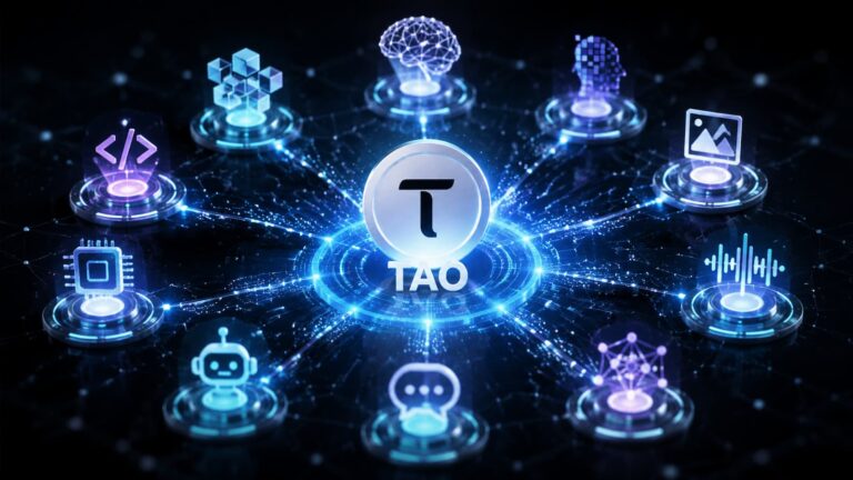 Ilustración de la red Bittensor con subredes de inteligencia artificial conectadas mediante TAO.