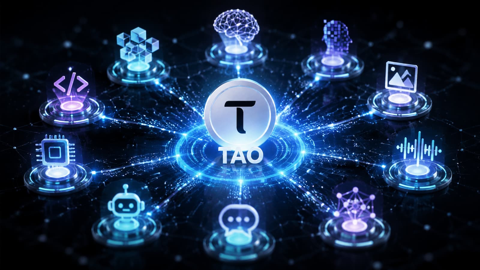 Ilustración de la red Bittensor con subredes de inteligencia artificial conectadas mediante TAO.