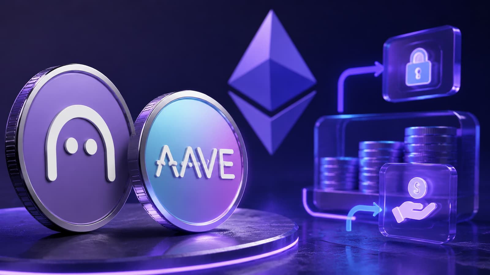 Logotipo de Aave junto al token AAVE y una representación de préstamos DeFi en Ethereum.