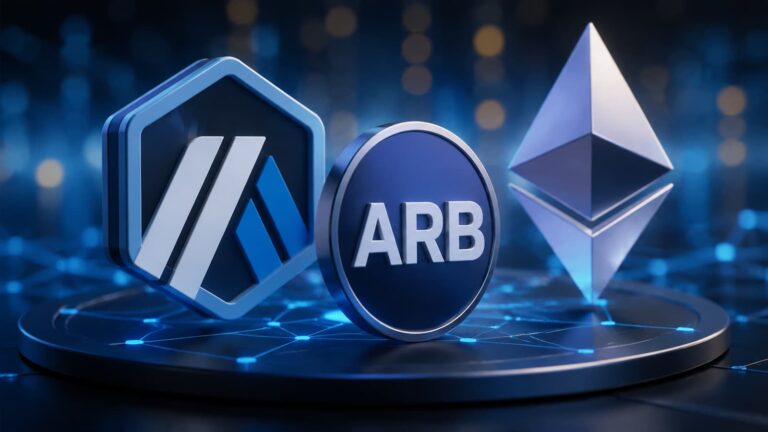 Logotipo de Arbitrum junto al símbolo ARB y una referencia a la red Ethereum.