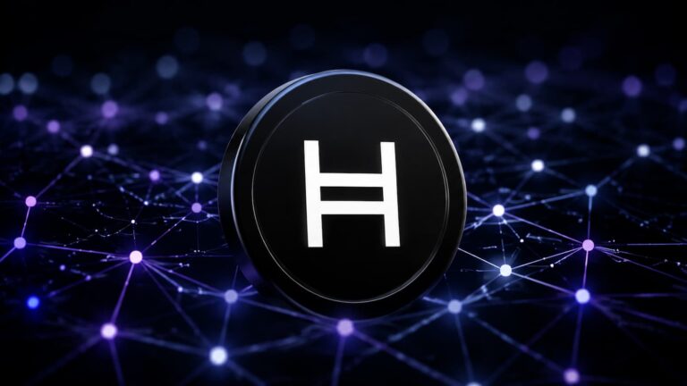 Logotipo de Hedera HBAR sobre una representación de su red hashgraph