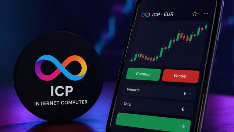 Logotipo de Internet Computer junto al ticker ICP y una interfaz de compraventa en euros.