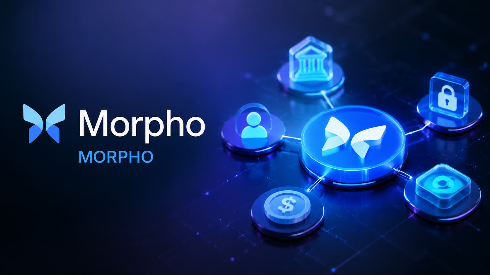 Logotipo de Morpho junto al ticker MORPHO y una representación de su protocolo DeFi.