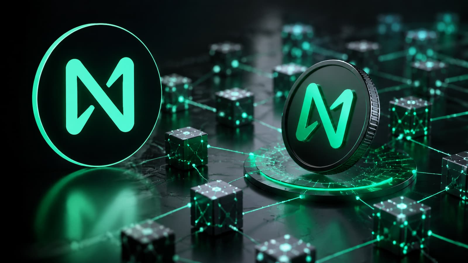 Logotipo de NEAR Protocol junto a una representación de la red blockchain y el token NEAR.