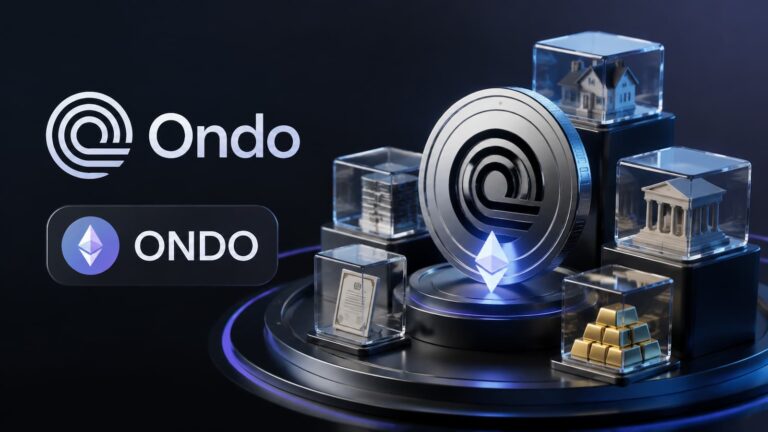 Logotipo de Ondo junto al ticker ONDO y una representación de activos tokenizados en Ethereum.
