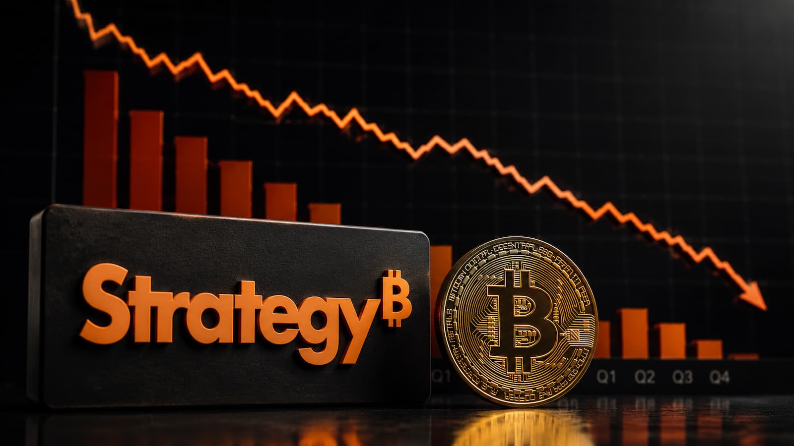 Logotipo de Strategy junto a una representación de bitcoin y un gráfico trimestral a la baja.