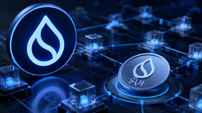 Logotipo de Sui junto a una representación de su red blockchain y el token SUI.