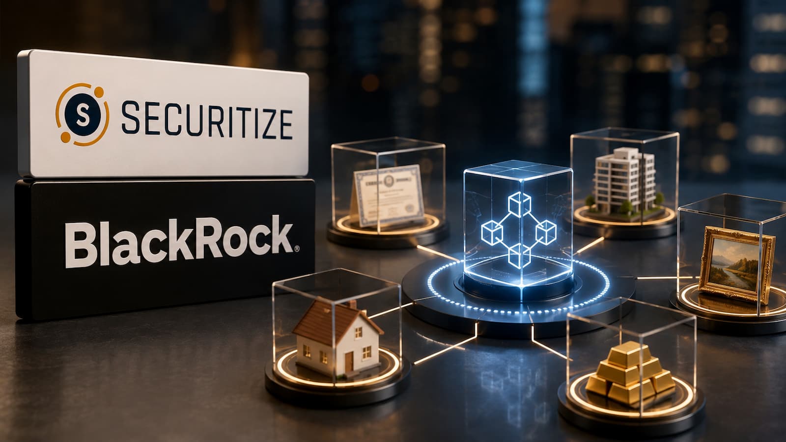 Logotipos de Securitize y BlackRock junto a una representación de activos tokenizados en blockchain.