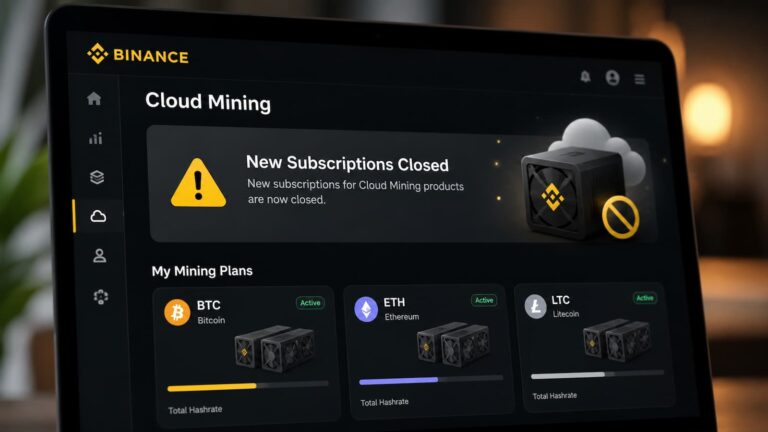 Pantalla de Binance Cloud Mining con un aviso sobre el cierre de nuevas suscripciones.