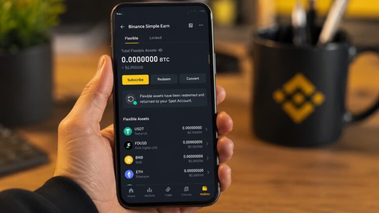 Pantalla de Binance Simple Earn con activos flexibles devueltos a la cuenta Spot.