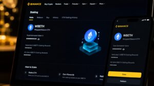 Pantalla de Binance con el servicio de staking de Ethereum y el token WBETH.