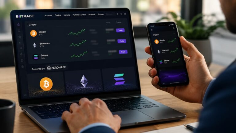 Plataforma de E TRADE con acceso a bitcoin ethereum y solana mediante zerohash.