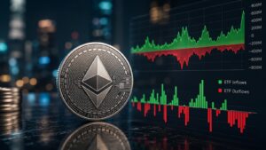 Representación de Ethereum junto a gráficos de entradas y salidas de ETF spot.