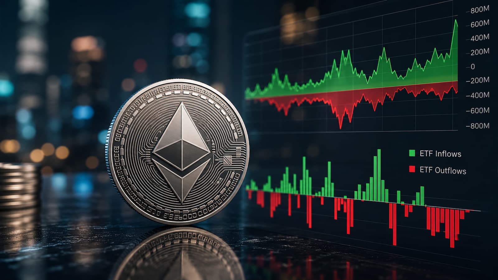 Representación de Ethereum junto a gráficos de entradas y salidas de ETF spot.