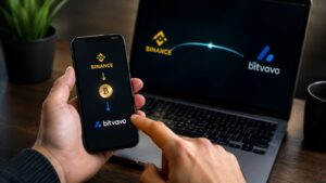 Transferencia de criptomonedas entre Binance y Bitvavo con verificación de red y dirección.