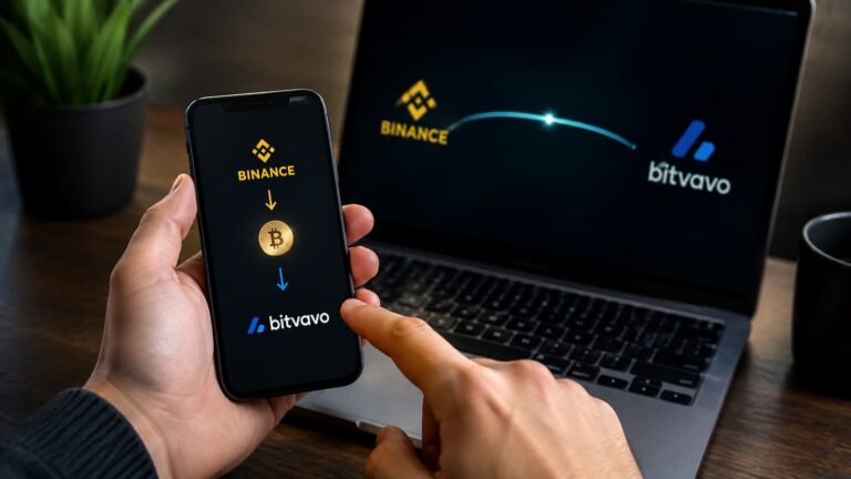 Transferencia de criptomonedas entre Binance y Bitvavo con verificación de red y dirección.