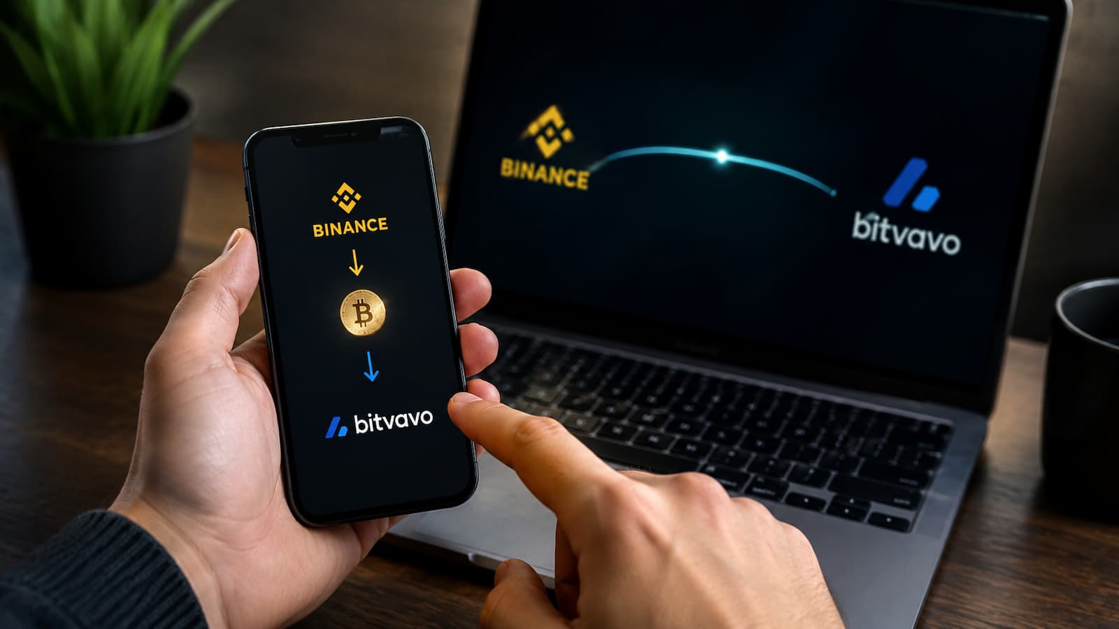 Transferencia de criptomonedas entre Binance y Bitvavo con verificación de red y dirección.