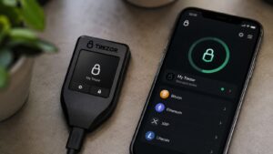 Una hardware wallet de Trezor junto a un iPhone dos modelos distintos de autocustodia cripto.