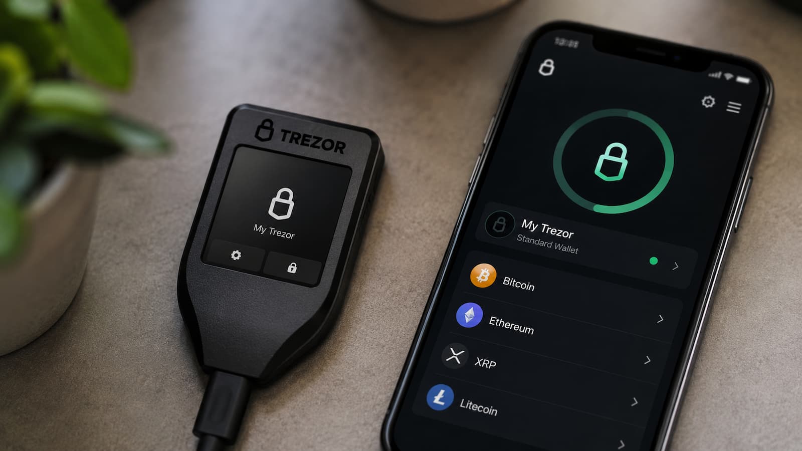 Una hardware wallet de Trezor junto a un iPhone dos modelos distintos de autocustodia cripto.